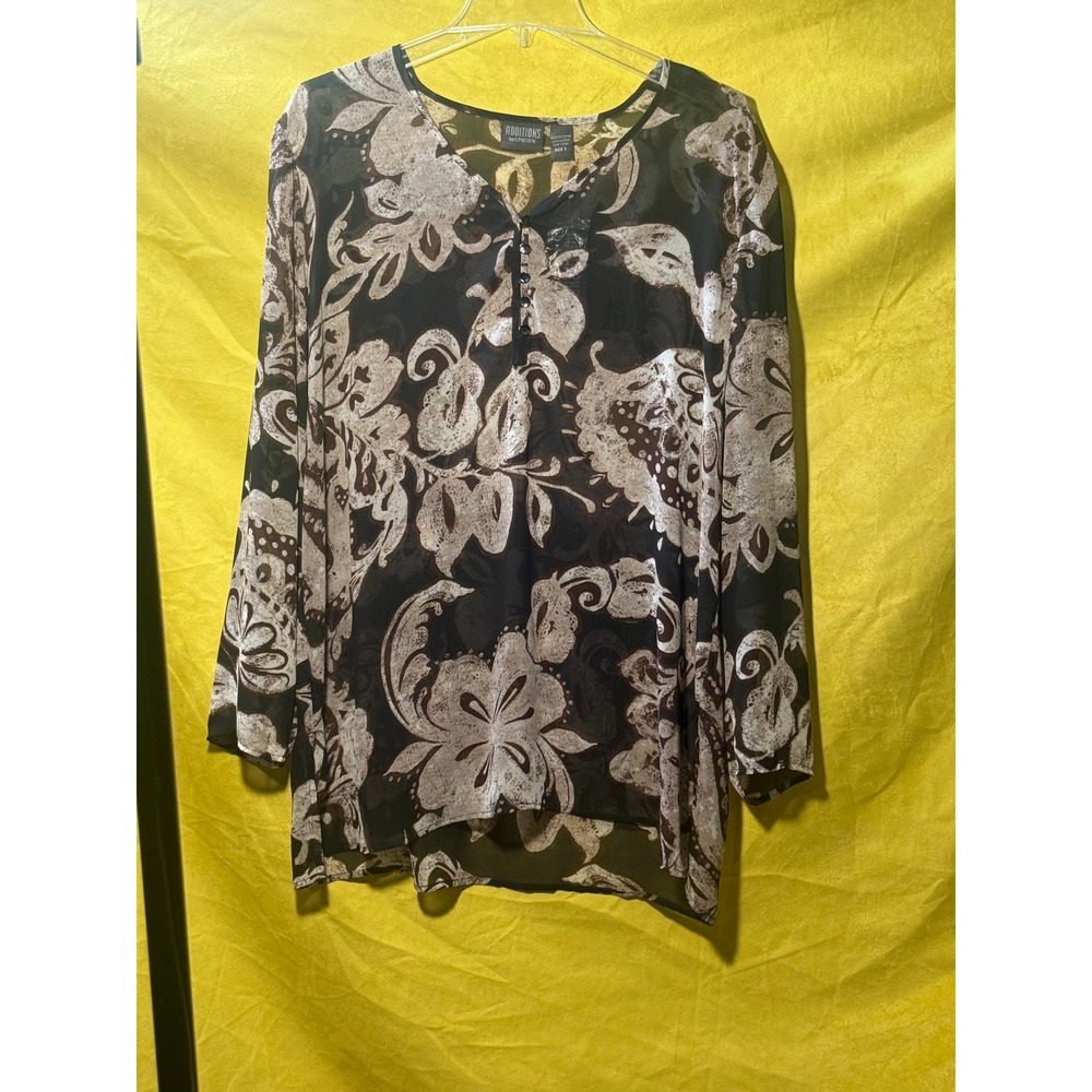 Additions by Chicos Black Taupe Floral Sheer Tunic Blouse Sz 3 XL Button Front